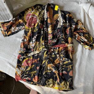 Vintage Lightweight Cotton Robe – Black Botanical Print, Belted Kimono Style